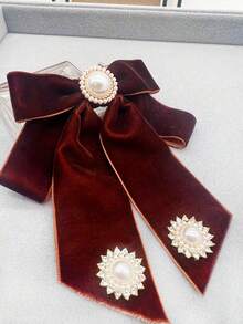 1pc Handmade Brown Velvet Pearl Inlaid Geometric Button Decor Bow Tie Women'S Collar Flower, Casual Style - Brown - View 4