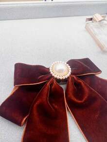 1pc Handmade Brown Velvet Pearl Inlaid Geometric Button Decor Bow Tie Women'S Collar Flower, Casual Style - Brown - View 6