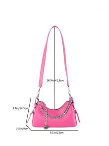 1pc Girl's Solid Color Chain Decoration Pu Zip Closure Fashionable Versatile Shoulder Bag Crossbody Bag For Daily Use - Hot Pink - View 2