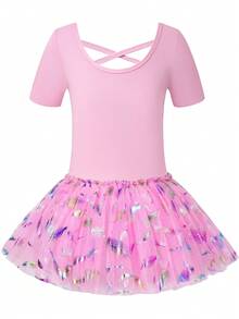 Girls Dance Tutu Leotard For Ballet Short Sleeve Gorgeous Feathers Dance Dress - Pink - View 2