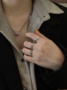 3件套复古嘻哈罗马戒指，男女皆宜，时尚个性，轻盈奢华，小众设计，精致食指戒指，女士款 - 復古銀色 - 查看 9