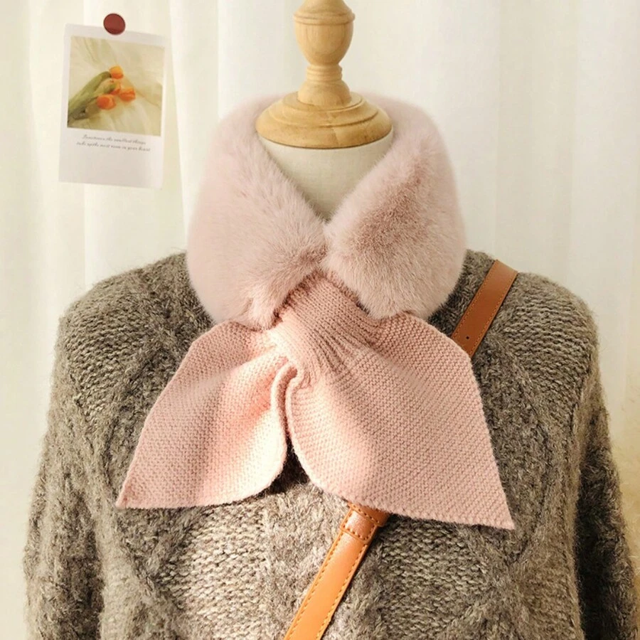 Faux Rabbit Fur Collar, Girls' Thick Warm Plush Solid Color Winter Scarf - Pink - View 1