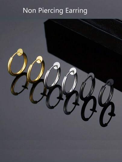 2入組不需穿耳孔的不銹鋼耳夾男士耳環,假耳環簡約時尚圈型耳環,日常穿戴配件