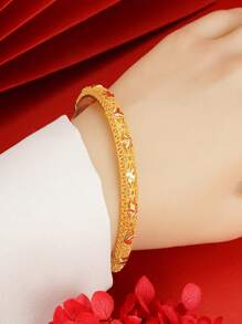 1入女性空心設計葉子開口手鐲,帶有花朵和葉子吊飾