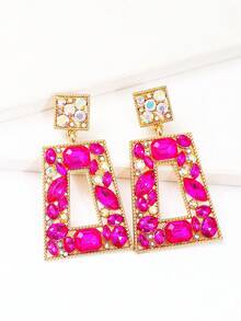juran 1 Pair Geometric Glass Rhinestone Earrings - Hot Pink - View 2