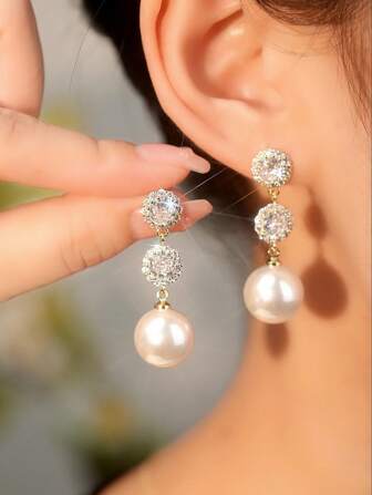 1 Pair Minimalist Vintage Round Faux Pearl Earrings With Diamond Decor, Luxury Jewelry Accessories, Valentine's Day Gift For Women