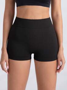 1pc Women's Seamless Yoga High Waist Stretchy Peach Buttock Enhancing Solid Color Workout Shorts Women Boxer Shorts Black Summer - 黑色 - 查看 2