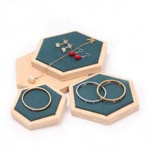 1pc Hexagonal Bamboo Wooden Display Stand For Jewelry & Accessories - Dark Green Bracelet Bracelet Display Plate - View 1