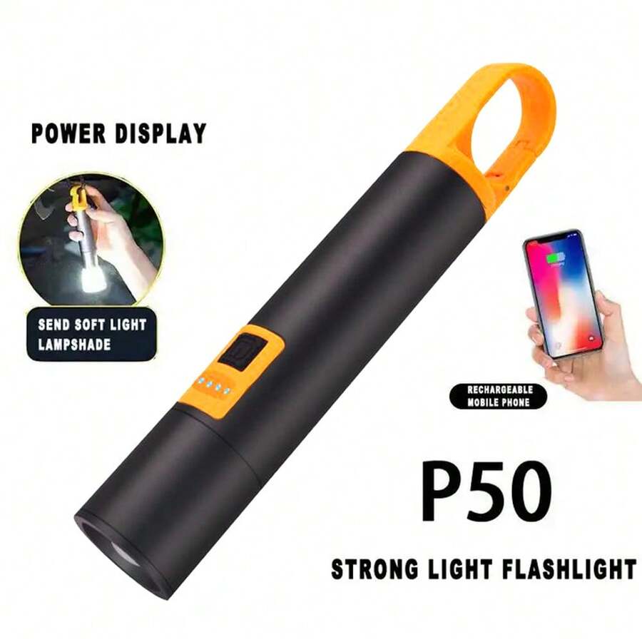 A High Lumen Zoom USB Rechargeable 10w COB Keychain Work Flashlight & Portable Hook Built-In Rechargeable Battery - Black - View 1