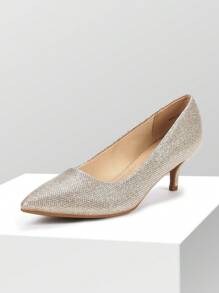 Women's Low Stiletto Heel Pointed Toe Court Pumps, Elegant Fashion Solid Color Shoes - 金色 - 查看 2