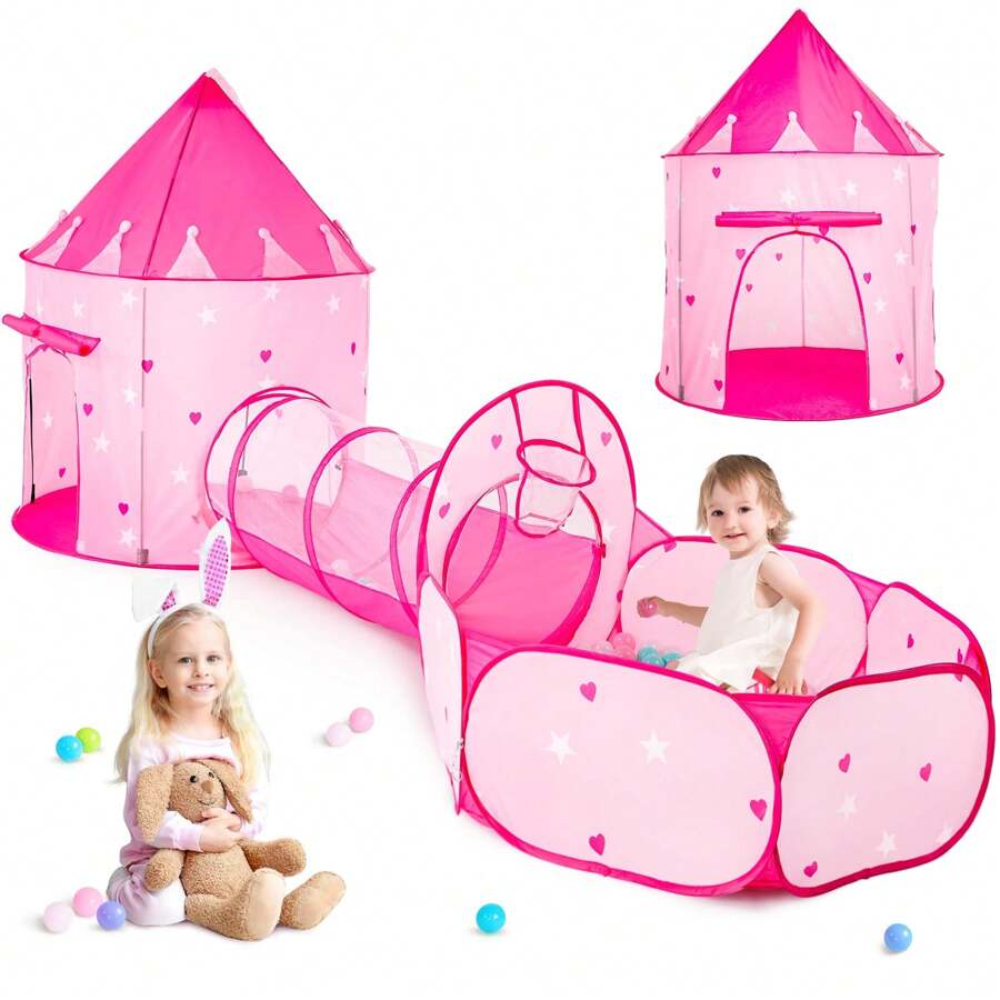 Casa Campaña Niña, Piscina de Bolas de 3 Piezas para Niños Pequeños con Tienda de Campaña para Niños, Juguetes para Interiores y Exteriores para Niños y Niñas, Casa de Juegos Emergente para Niños - Rosa - Ver 1