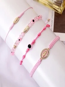 4Pcs/Set Matching Couple Bracelet Red Braided Pink String Evil Eye Heart Charm Lucky Bracelets Mexican Braclets Green Rope Bracelet Virgin Mary Amulet Valentines Gift For Women Men Boys & Girls,Mom,Mother,Mother's Day,Gift