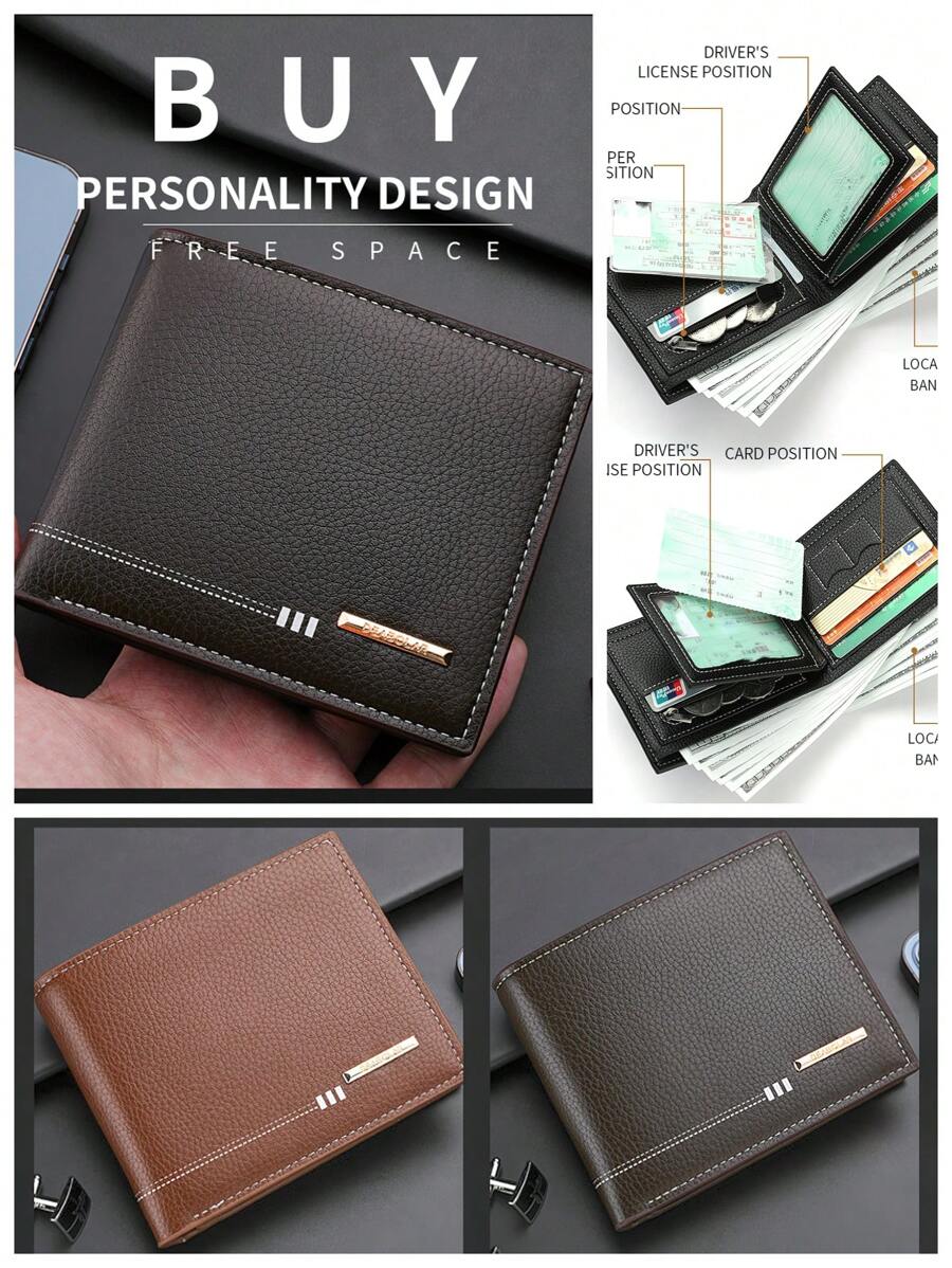 1pc 男士短款钱包，男士钱包，男士小钱包，高端青年荔枝纹拉链零钱包，时尚薄款短款多功能身份证信用卡夹钱包，男士超薄钱包，男士商务钱包，情人节送给男士的礼物 - 黑色 - 查看 1