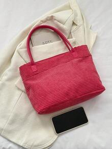 燈芯絨女式燈芯絨單肩手提包 燈芯絨手提包帶可調式肩帶,復古百搭女式手提錢包,女式經典日常包 - 玫紅色 - 查看 6