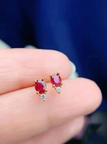 一對S925紅寶石方形耳釘女性獨特設計感精緻奢華優雅時尚時尚耳環女士珠寶假期 - 紅寶石3 - 查看 5