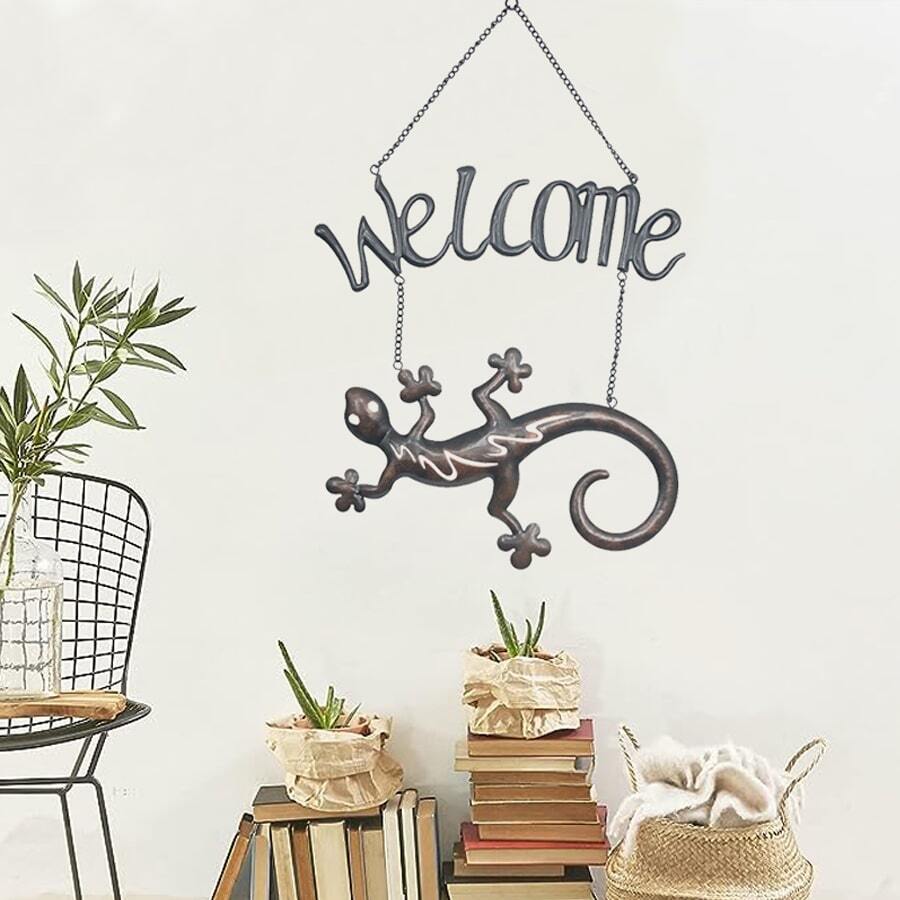 1入鄉村別墅蜥蜴歡迎標誌-前門錫金屬招牌-適用於門廊家居裝飾的完美禮物-為臥室,客廳和餐廳增添魅力 - 銅色 - 查看 1