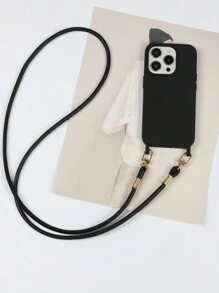 全黑手机壳，配有手工挂绳，兼容苹果 13/14/15/16 Pro Max