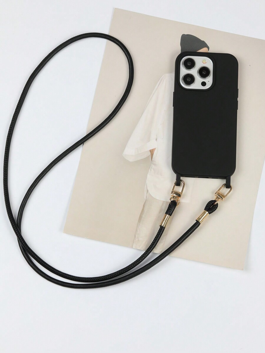 All Black Color Phone Case With Hand Made Lanyard For 13 14 15 16 Pro ...