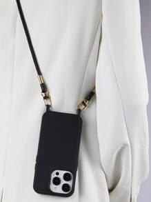 全黑手机壳，配有手工挂绳，兼容苹果 13/14/15/16 Pro Max