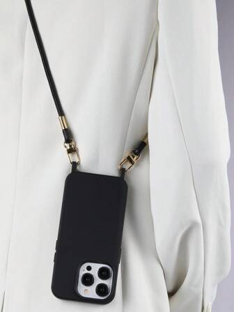 全黑手机壳配手工挂绳适用于 Apple 13 14 15 16 Pro Max 防水防震防摔防刮