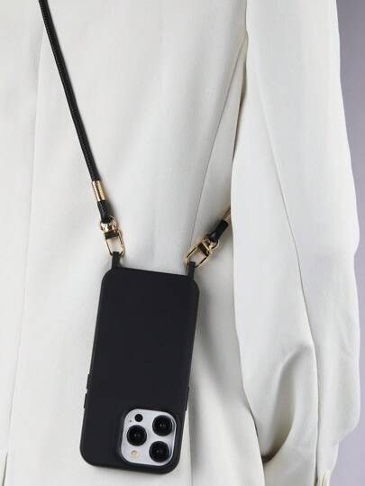 All Black Color Phone Case With Hand Made Lanyard Compatible With Apple 13 14 15 16 Pro Max Waterproof Shockproof Anti-Fall Scratch Resistant