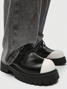 男士德比风格系带厚底鞋，复古低帮休闲鞋，引领潮流 - 黑色 - 查看 5