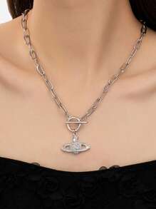 1入經典全鑽星球吊墜項鍊,珍珠鎖骨鏈,獨特設計,時尚女性配飾 - 銀色 - 查看 2