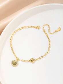 1件金色不銹鋼幸運樹魅力腳鏈,鑲有水晶裝飾,男女通用設計 - 金色 - 查看 1