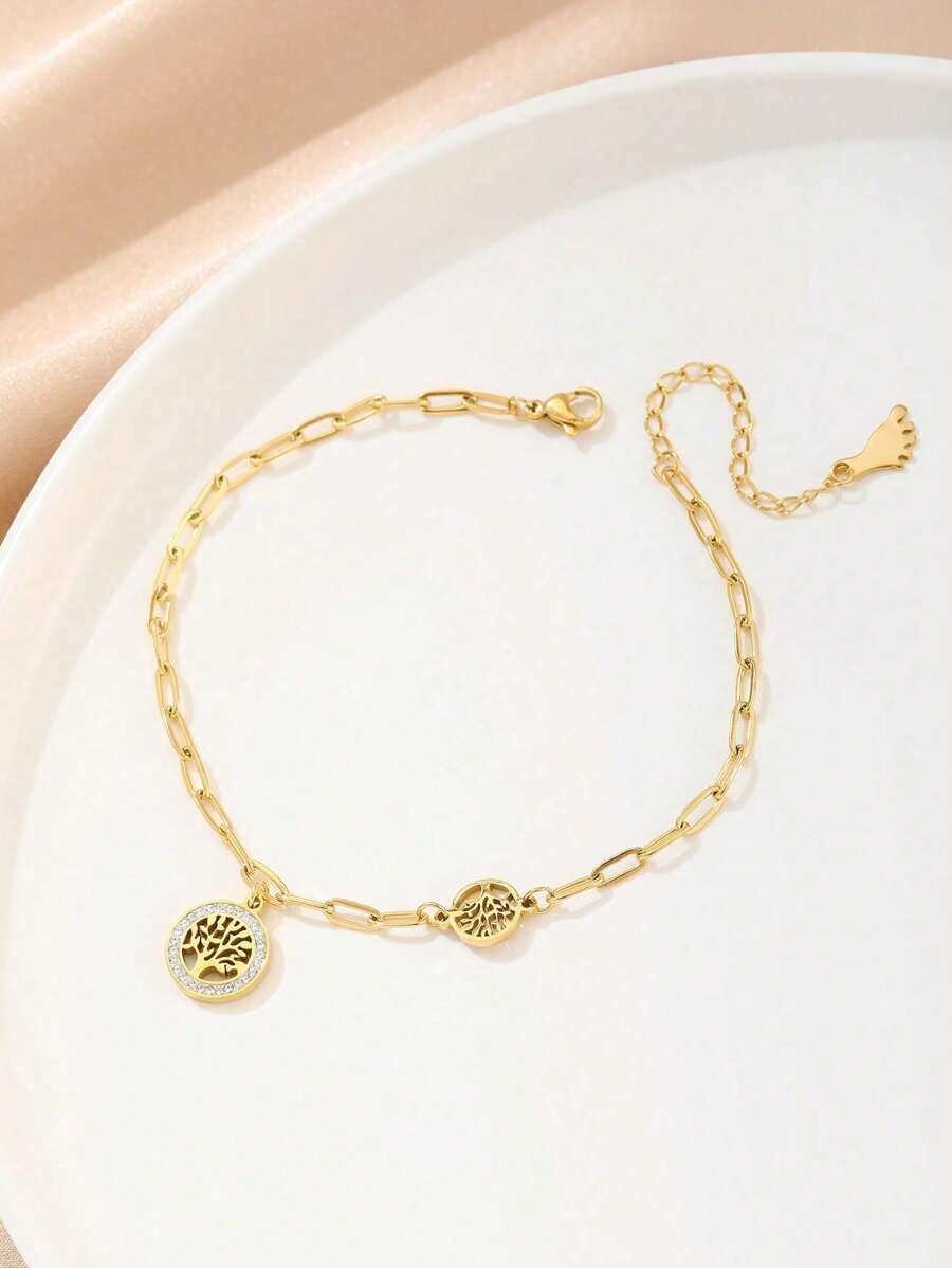 1件金色不銹鋼幸運樹魅力腳鏈,鑲有水晶裝飾,男女通用設計 - 金色 - 查看 1