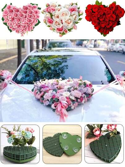 1pc Floral Foam Blocks Heart Shaped Wet Floral Bricks With Suction Cup,Flower Foam Cage Artificial Floral Arrangements Mud,For Florist,Wedding Car Decoration,Party Table Centerpiece Decoration., Valentine Day, Gift,Fake Plants