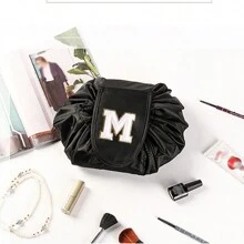 1入斜肩字母刺繡化妝收納包女用口袋折疊式化妝包便攜式旅行收納洗漱袋字母印花組織者盥洗用品情人節禮物 - 黑色 - 查看 12