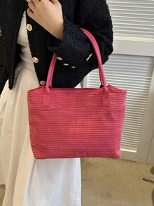 燈芯絨女式燈芯絨單肩手提包 燈芯絨手提包帶可調式肩帶,復古百搭女式手提錢包,女式經典日常包 - 玫紅色 - 查看 3