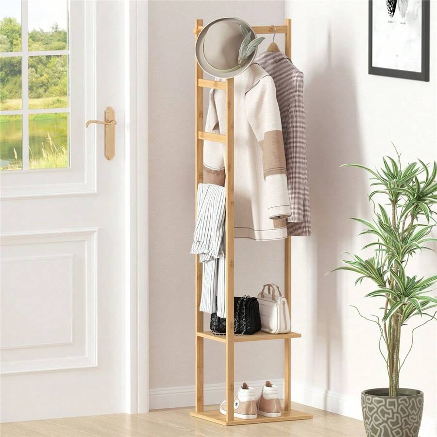 Corner Coat Rack, Coat Rack With Shelves, With 2 Shelves 3 Hanger Hooks And Pants, Hanger Bamboo Clothing Rack For Entryway Bedroom Living Room - Beige - View 1