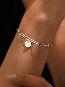 1件極簡主義925純銀紙夾鏈與圓形吊墜手鍊,適合女性日常佩戴 - 銀色 - 查看 1