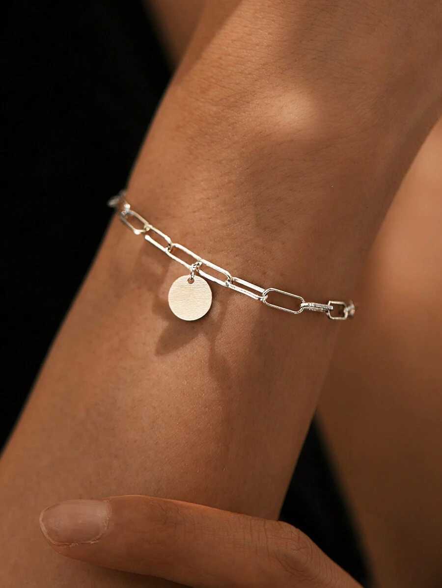 1件極簡主義925純銀紙夾鏈與圓形吊墜手鍊,適合女性日常佩戴 - 銀色 - 查看 1