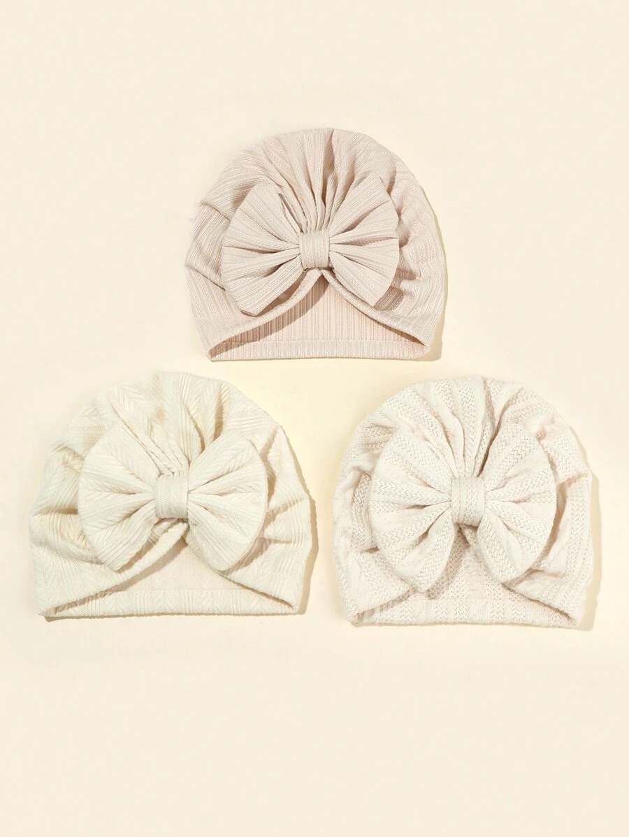 3入組嬰兒蝴蝶結纏頭帽，適用於3-9個月大的嬰兒 - 米色 - 查看 1