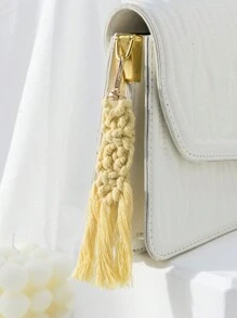 1pc Solid Color Women'S Simple Keychain With Braided Tassel Decoration - Yellow - View 2
