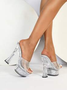 歐美風格性感模特透明水晶高跟涼鞋,適合婚禮、派對、夜店、春夏之用 - 銀色 - 查看 4