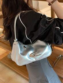 Fashionable Versatile Solid Color Shoulder Bag, Suitable For Daily Matching - Silver - View 4