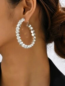2pcs Fashionable Shiny Silver Round Hoop Earrings With Rhinestones, Suitable For Daily Wear - Silver - View 3
