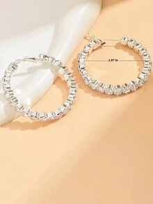 2pcs Fashionable Shiny Silver Round Hoop Earrings With Rhinestones, Suitable For Daily Wear - Silver - View 2