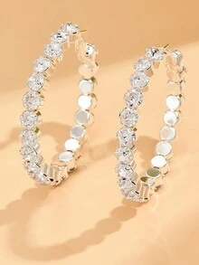 2pcs Fashionable Shiny Silver Round Hoop Earrings With Rhinestones, Suitable For Daily Wear - Silver - View 4
