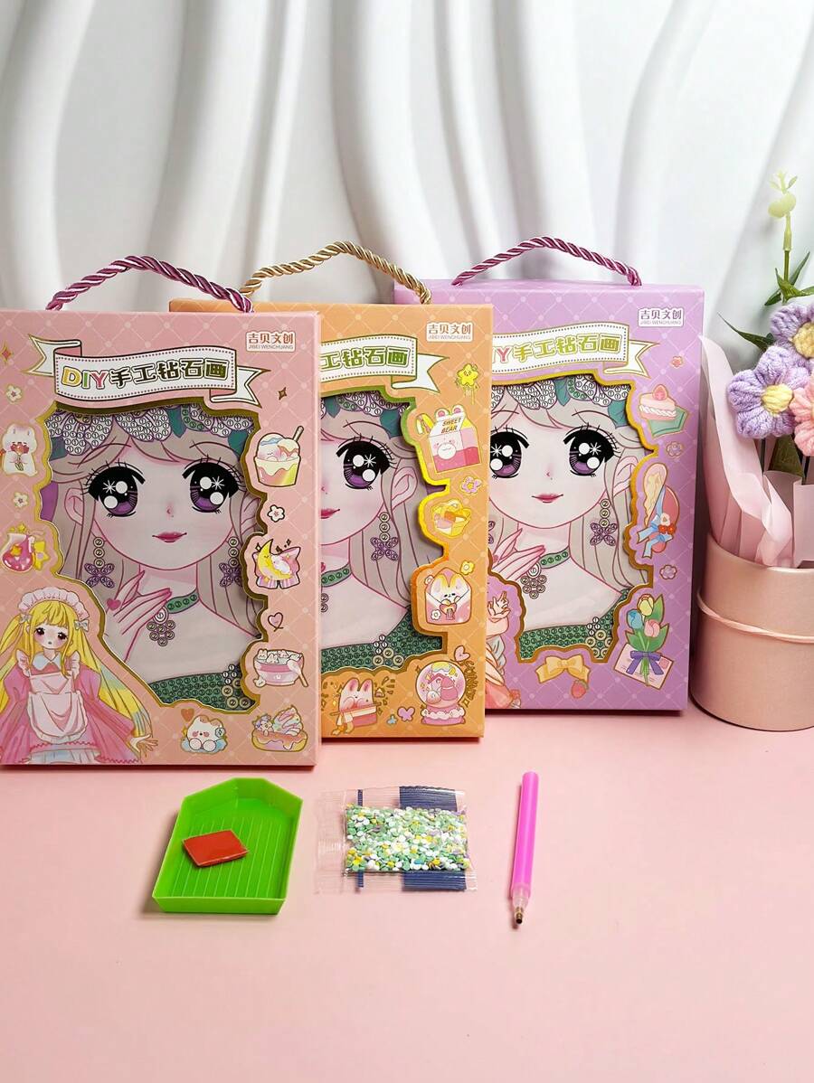 1 套隨機卡通小女孩設計 Diy 鑽石畫,學生增強創造力手工鑽石貼紙,帶手持手柄 - 彩色 - 查看 1