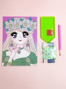 1 套隨機卡通小女孩設計 Diy 鑽石畫,學生增強創造力手工鑽石貼紙,帶手持手柄 - 彩色 - 查看 2