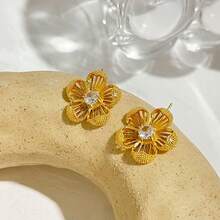 1对时尚个性化镂空花朵造型耳钉，镶嵌工艺，18K镀金质感，女士款 - 彩色 - 查看 9