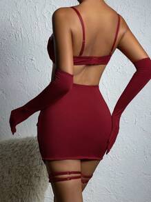 4入組女士性感蕾絲加厚3/4杯文胸套裝，內托及十字肩帶設計，附配色G-String、手套及腿圈 - 酒紅色 - 查看 2
