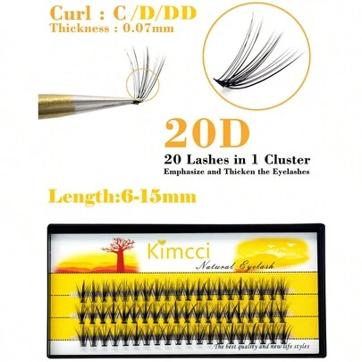 KIMCCI 20 件黑色丝绸般柔软睫毛，用于嫁接，厚度 0.07 毫米，水钻/娃娃/最深黑色卷曲，60 簇，每簇 20d，长度 6-15 毫米可选睫毛簇，睫毛簇，单根睫毛，睫毛，假睫毛