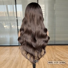 DZfirst 不需使用膠水的長髮自然波浪中分卷曲假髮,4*2綁線面積,棕色混合金色,26英寸合成纖維耐熱假髮,編織綁髮假髮,瑞士綁線日常使用時尚假髮 - 漸層 - 查看 10