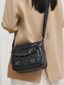 復古pu斜背包,多口袋肩袋,女式休閒手提包 - 黑色 - 查看 7