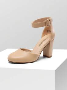 Women Heel Closed Toe Chunky High Heel Ankle Strap Wedding Party Comfortable Prom Pumps Shoes - Beige - View 2